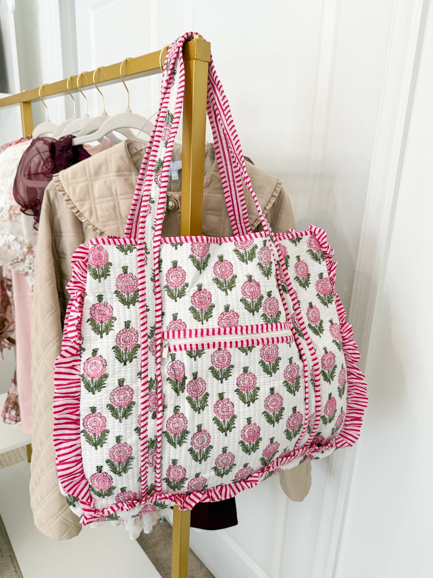 Pink Ruffle Block Print Tote Bag
