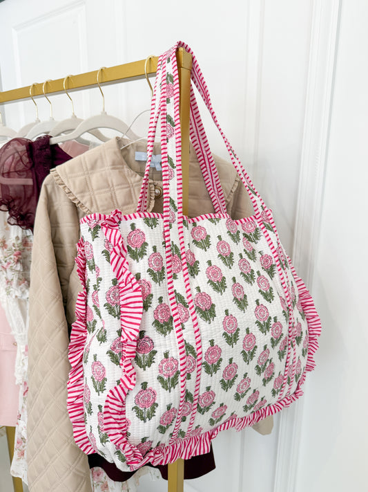 Pink Ruffle Block Print Tote Bag