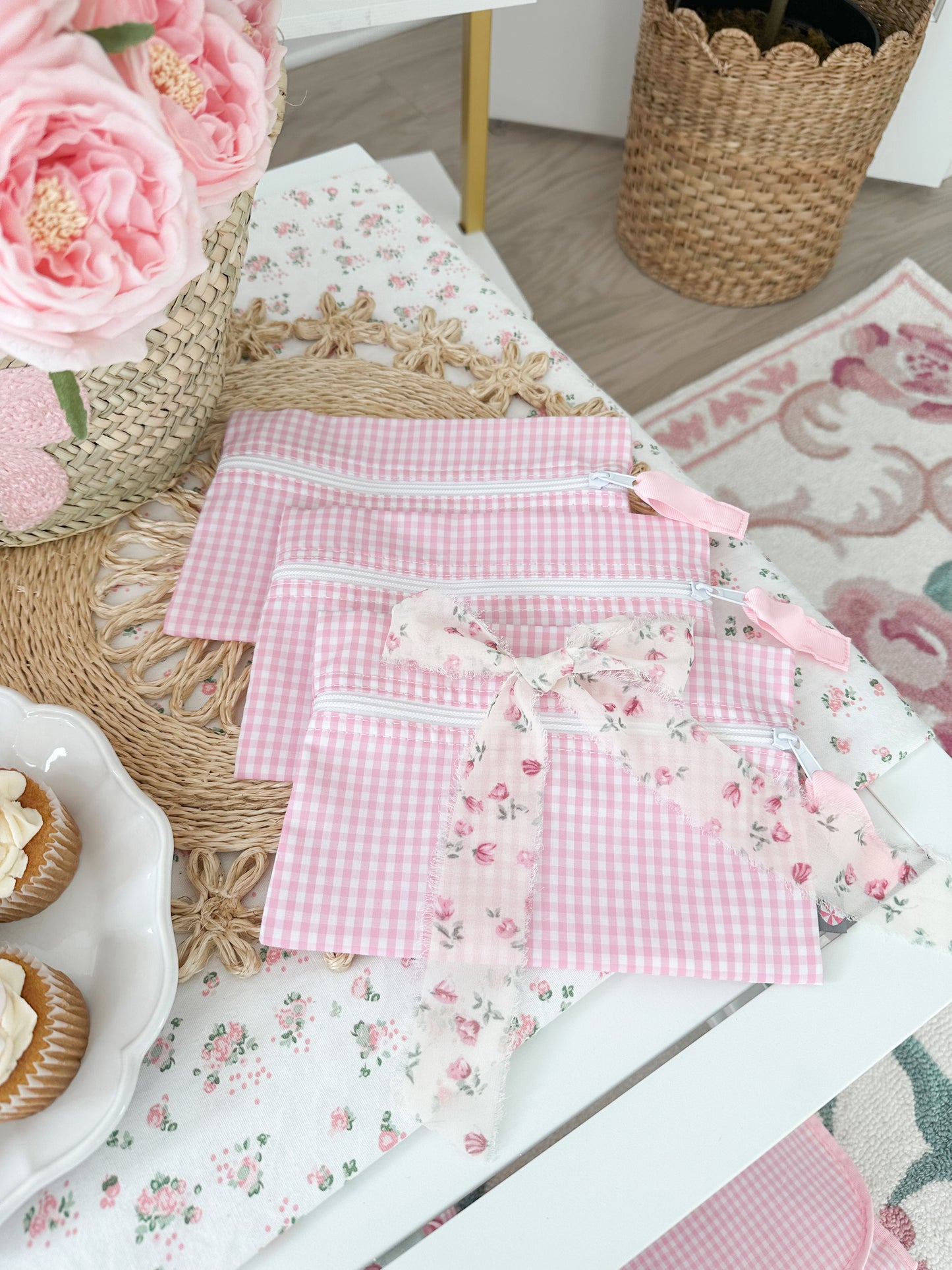 Pink Gingham Bag Organizers Trio