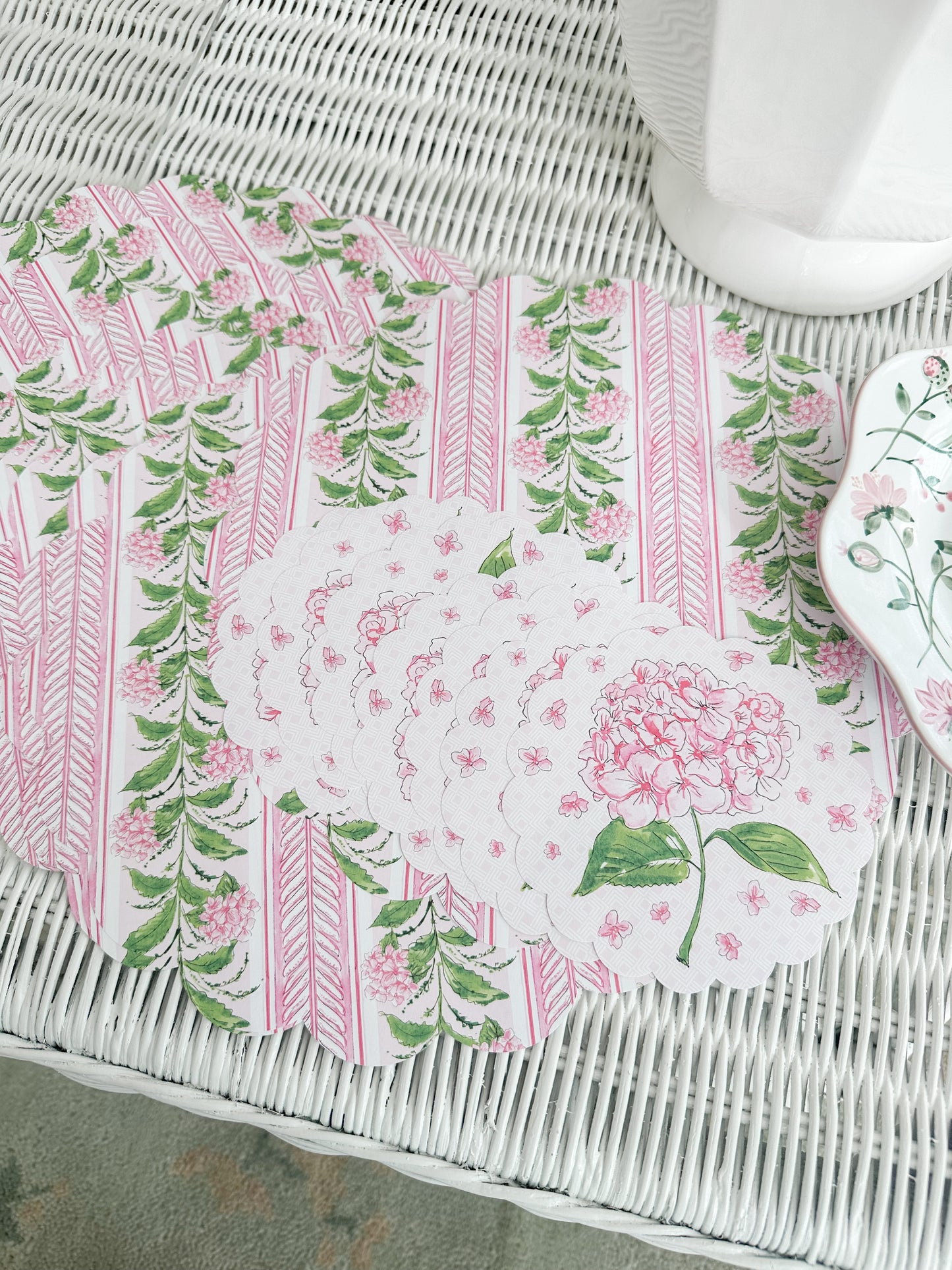 Handpainted Pink Hydrangea Stripe Doily Set