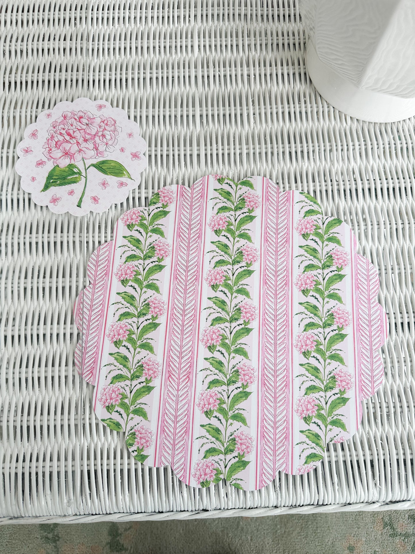 Handpainted Pink Hydrangea Stripe Doily Set