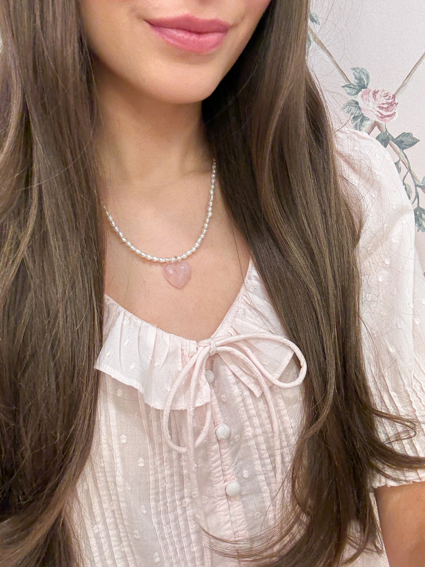 Elle Freshwater Pearl Rose Quartz Heart Necklace Gold