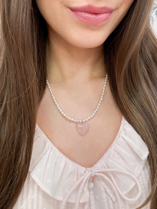 Elle Freshwater Pearl Rose Quartz Heart Necklace Gold