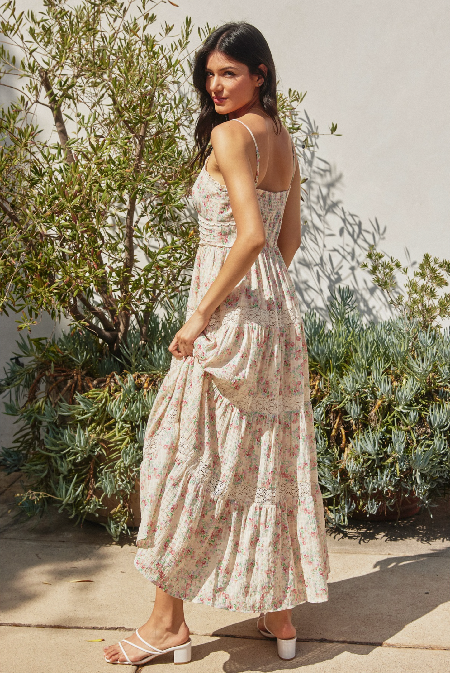 Whisper Lace Trim Tiered Maxi Dress