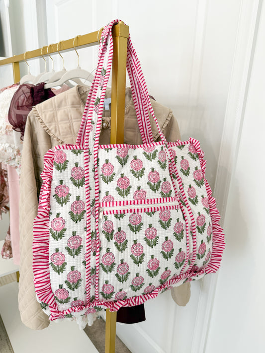 Pink Ruffle Block Print Tote Bag