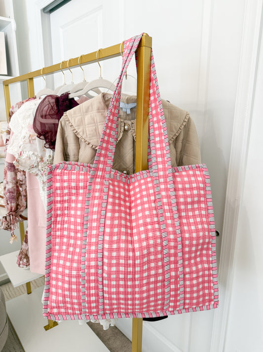 Pink Gingham Zippered Tote Bag