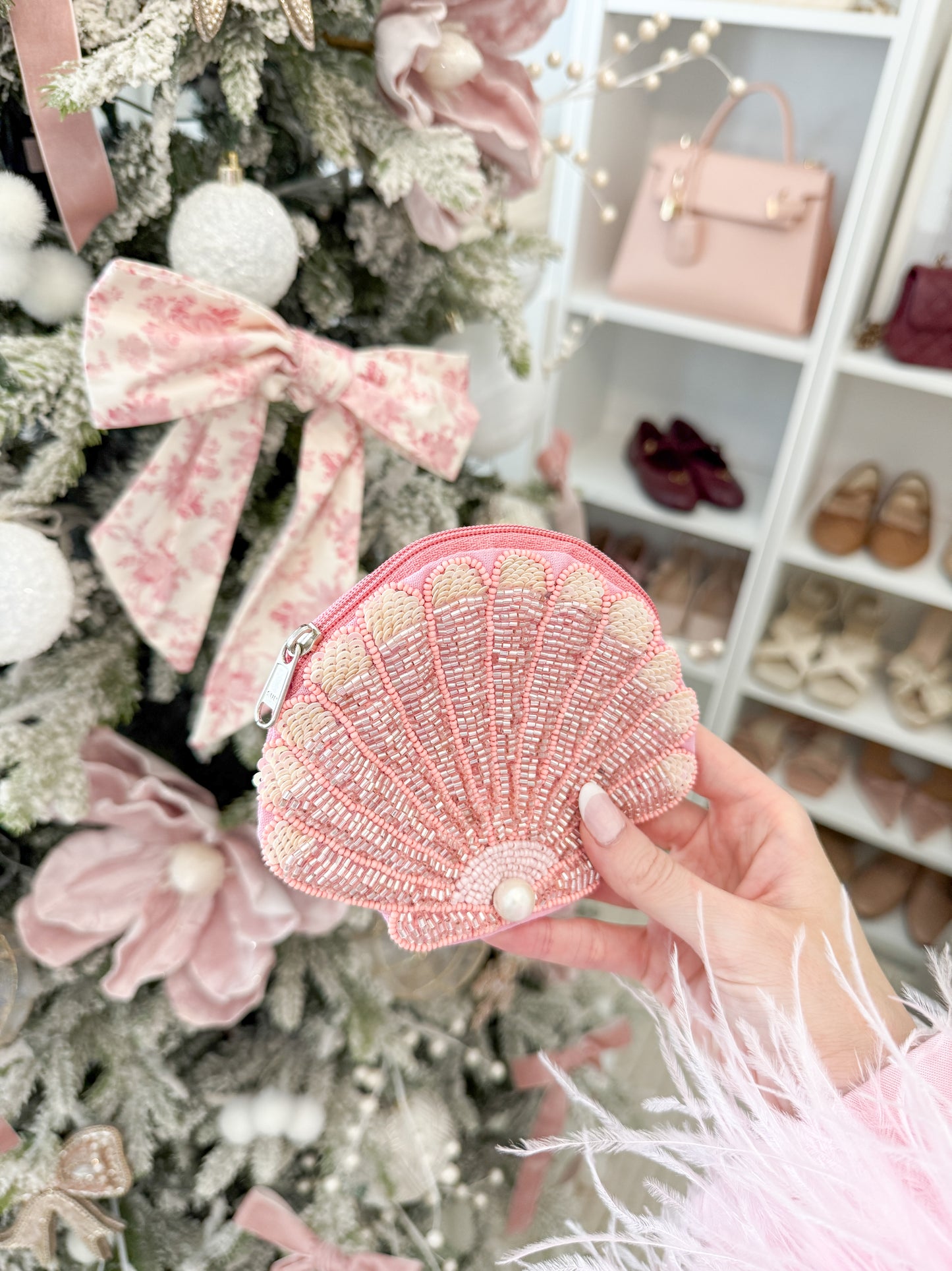 Beaded Shell Pouch with Pearl Accent