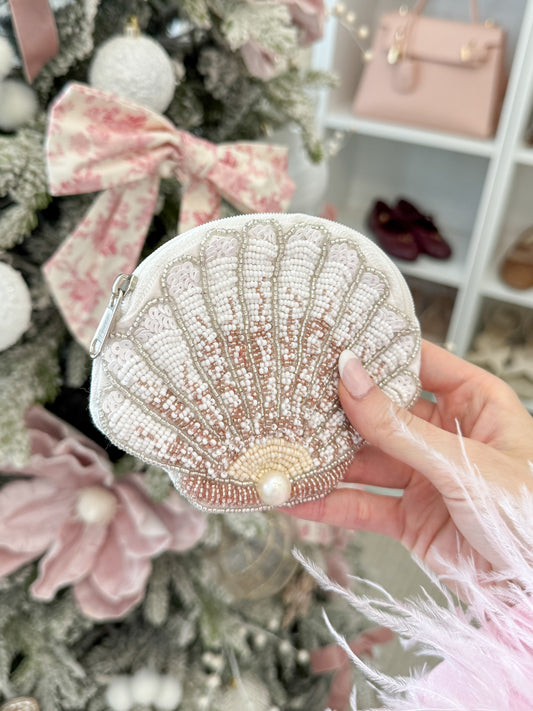 Beaded Shell Pouch with Pearl Accent