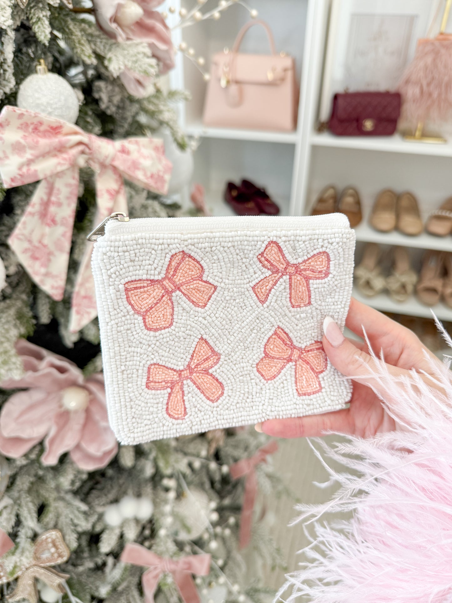 Beaded Pink Bows Zipper Pouch