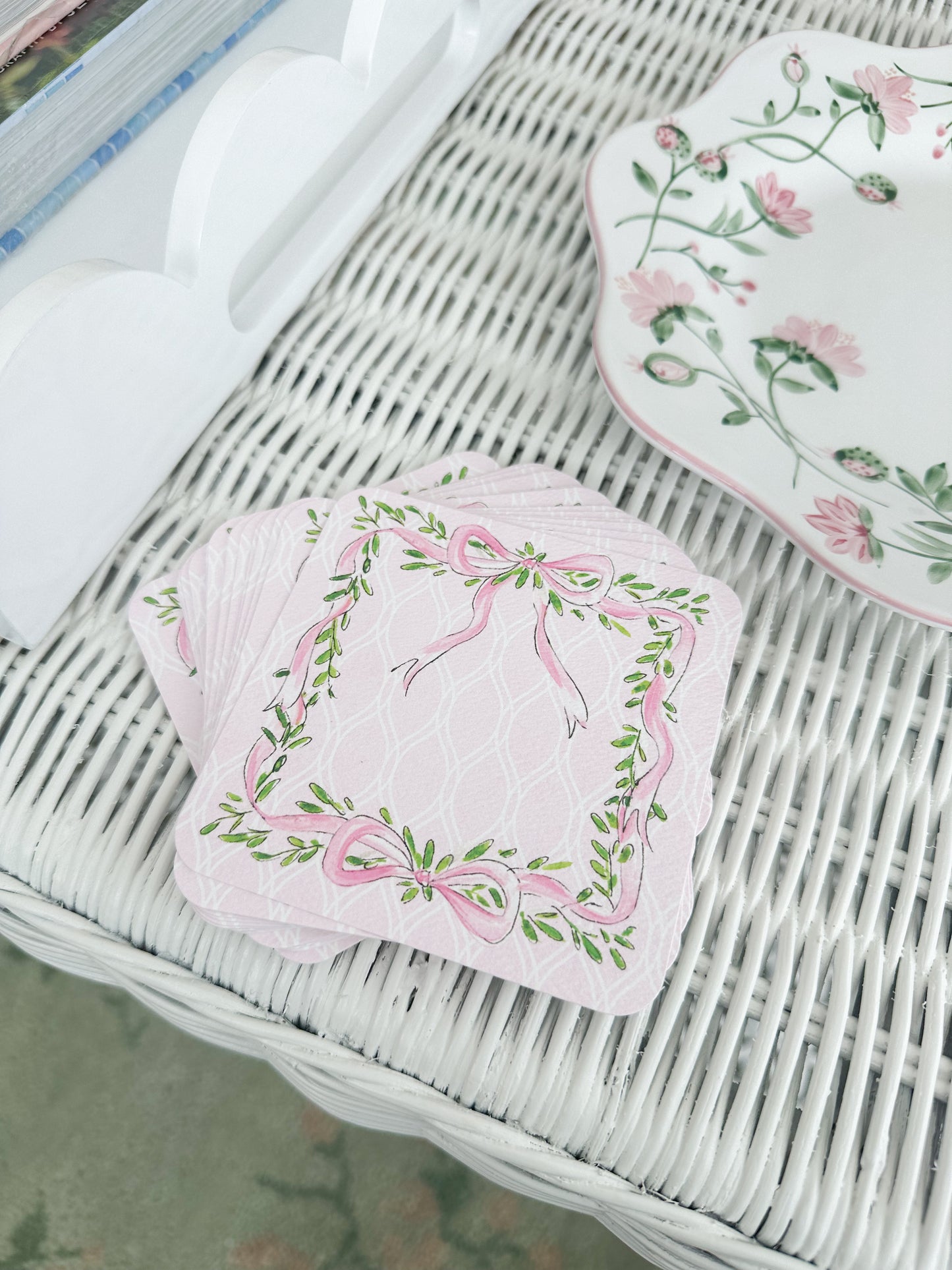 Pink Ribbon and Bows with Greenery Pattern Paper Coaster