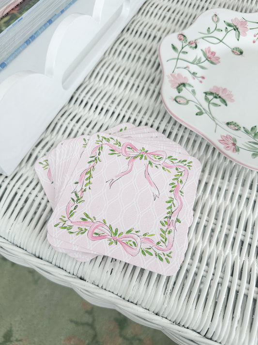 Pink Ribbon and Bows with Greenery Pattern Paper Coaster
