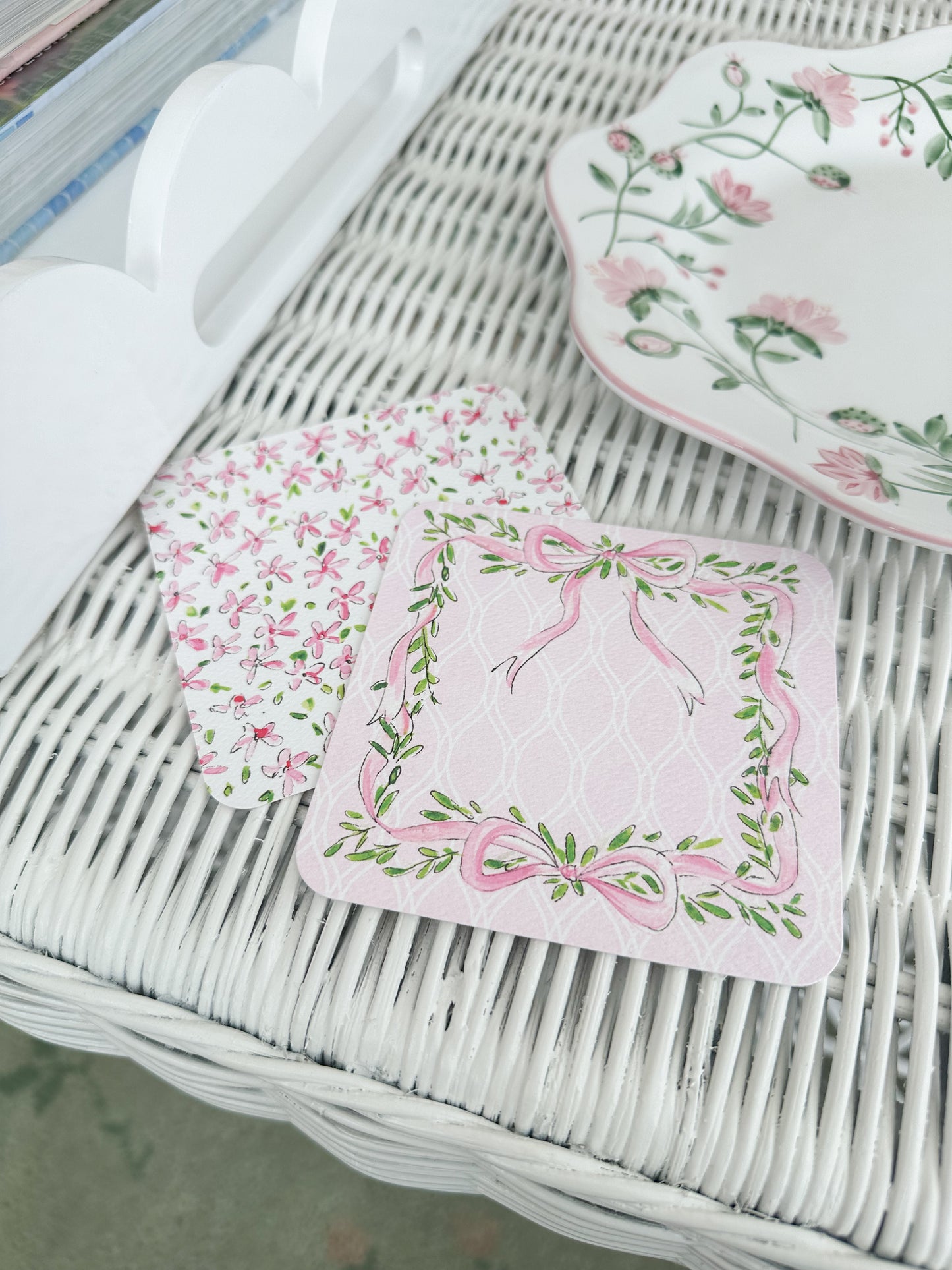 Pink Ribbon and Bows with Greenery Pattern Paper Coaster