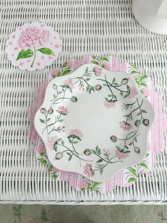 Handpainted Pink Hydrangea Stripe Doily Set