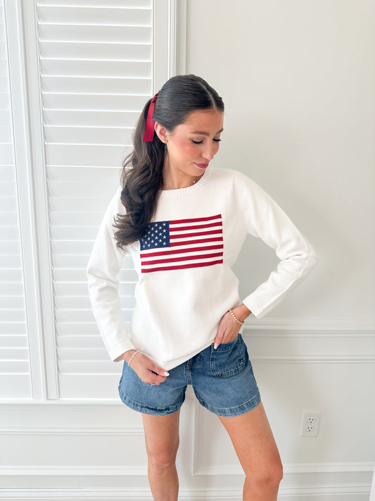 American Charm Luxe 100% Cotton Flag Sweater (White)