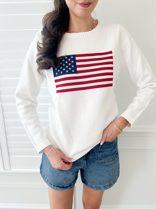 American Charm Luxe 100% Cotton Flag Sweater (White)