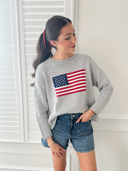 American Charm Roll Neck 100% Cotton Flag Sweater (Grey)