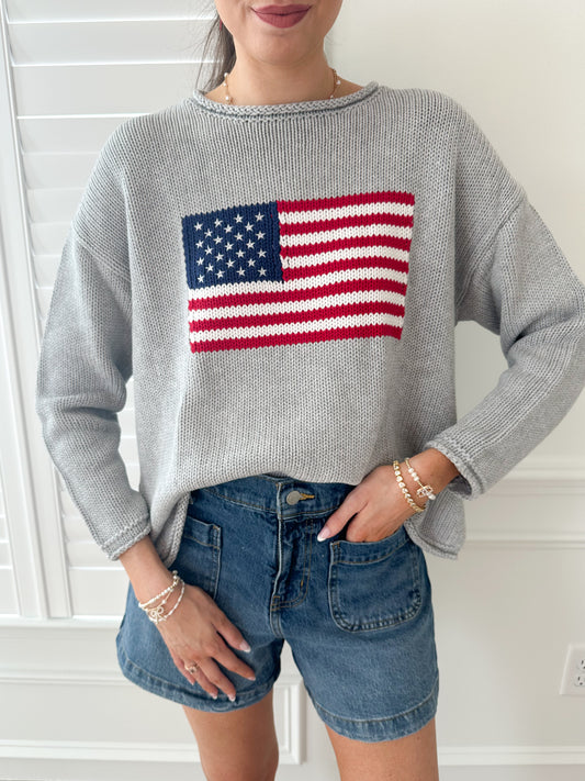 American Charm Roll Neck 100% Cotton Flag Sweater (Grey)