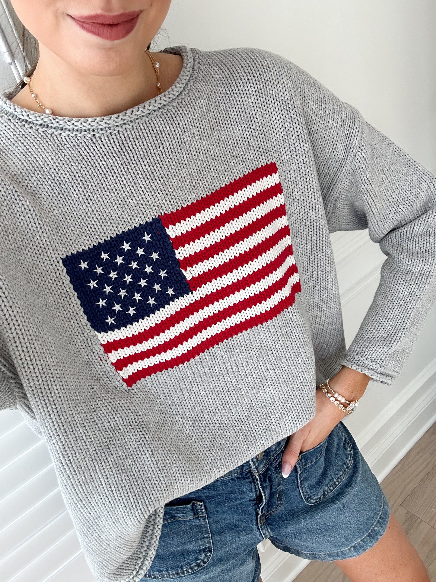 American Charm Roll Neck 100% Cotton Flag Sweater (Grey)