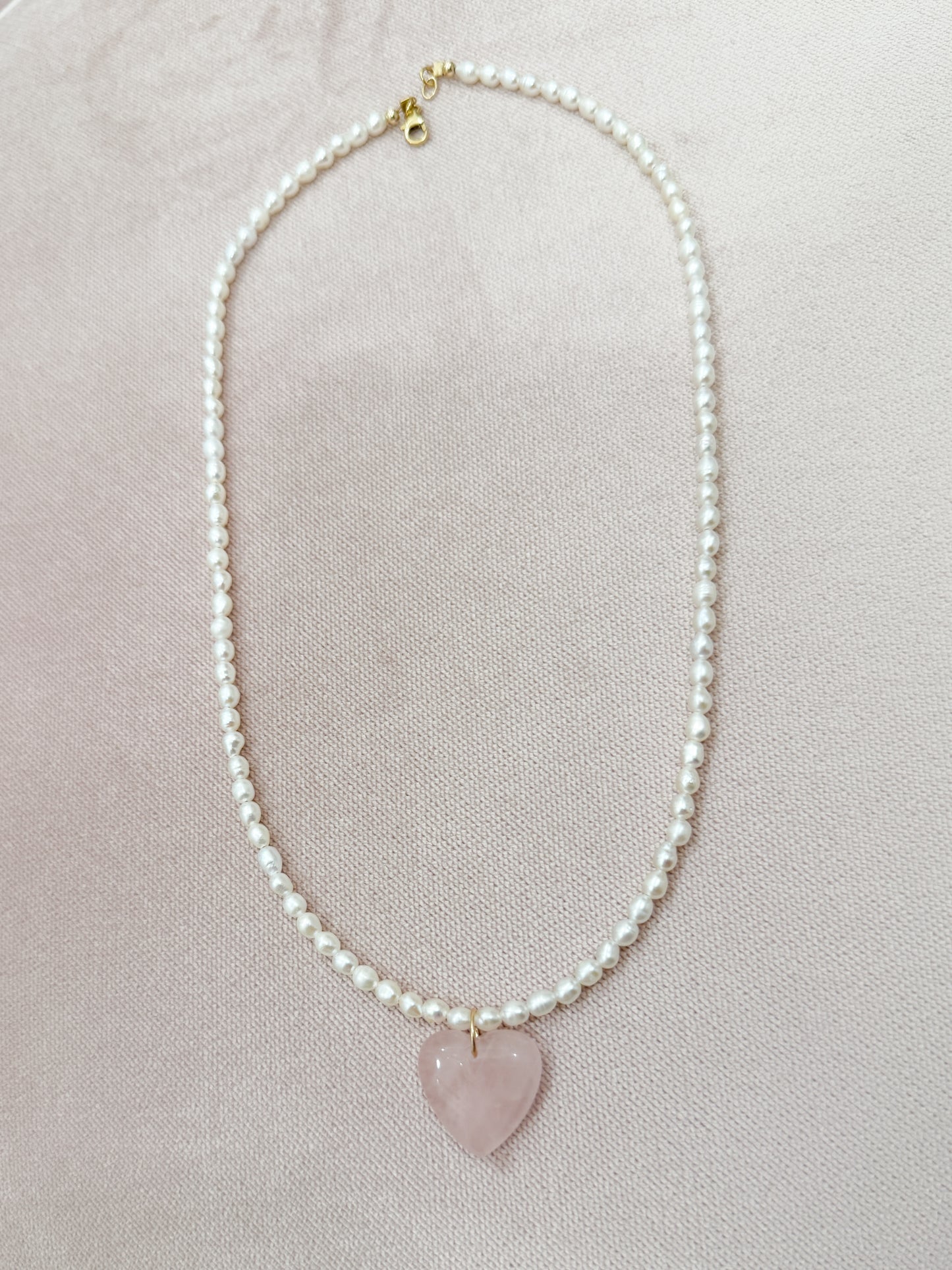 Elle Freshwater Pearl Rose Quartz Heart Necklace Gold