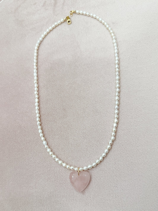 Elle Freshwater Pearl Rose Quartz Heart Necklace Gold