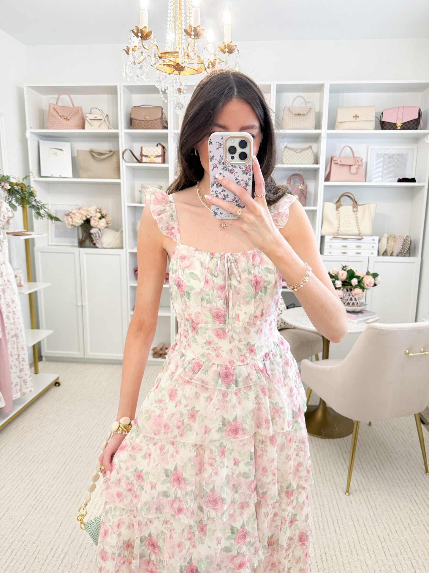 Pink Rose Ruffle Maxi Dress