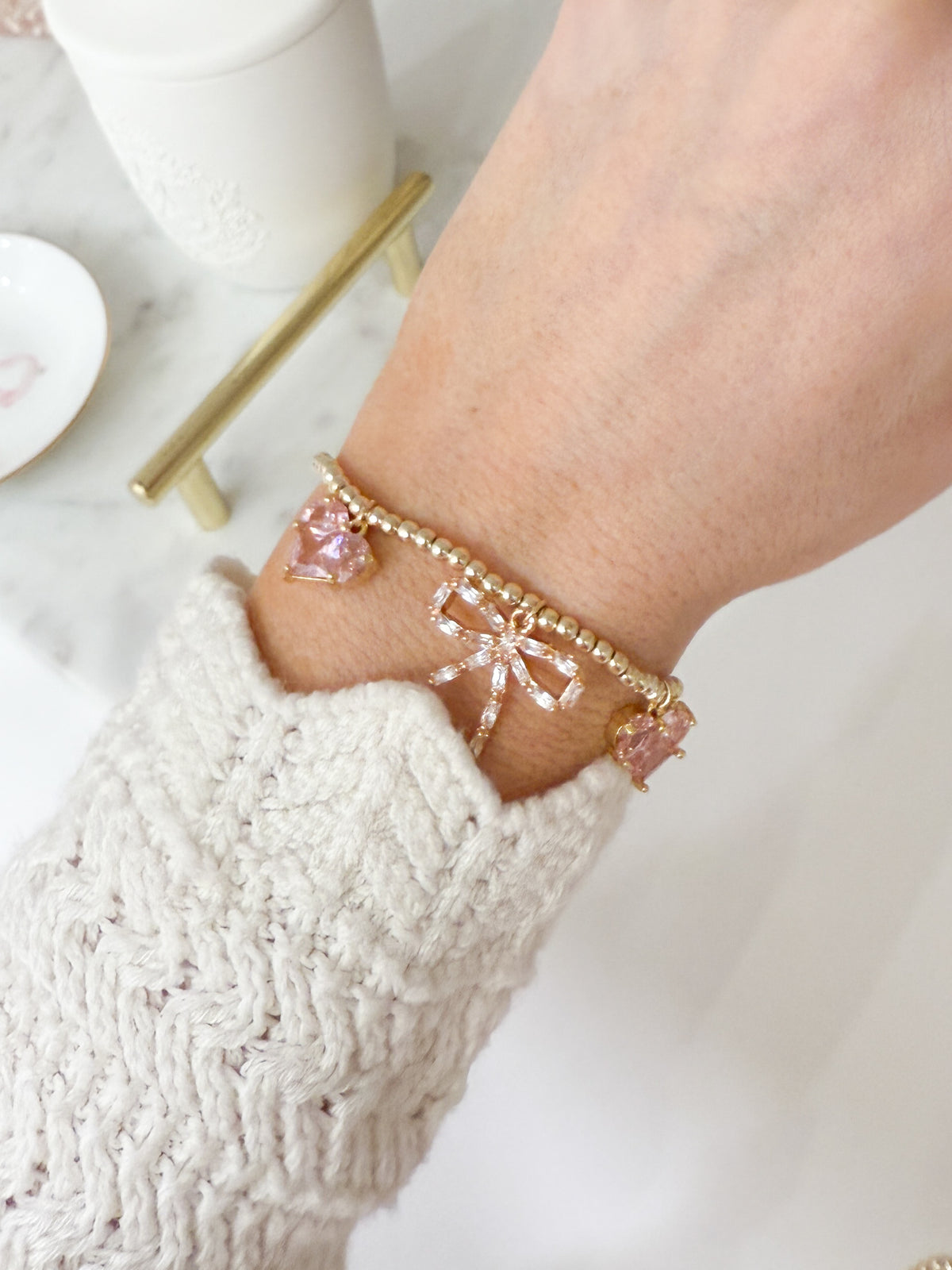 Pink Fancy Bow + Heart Charm Bracelet
