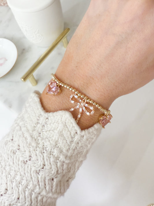 Pink Fancy Bow + Heart Charm Bracelet