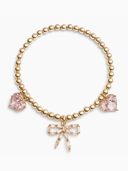 Pink Fancy Bow + Heart Charm Bracelet