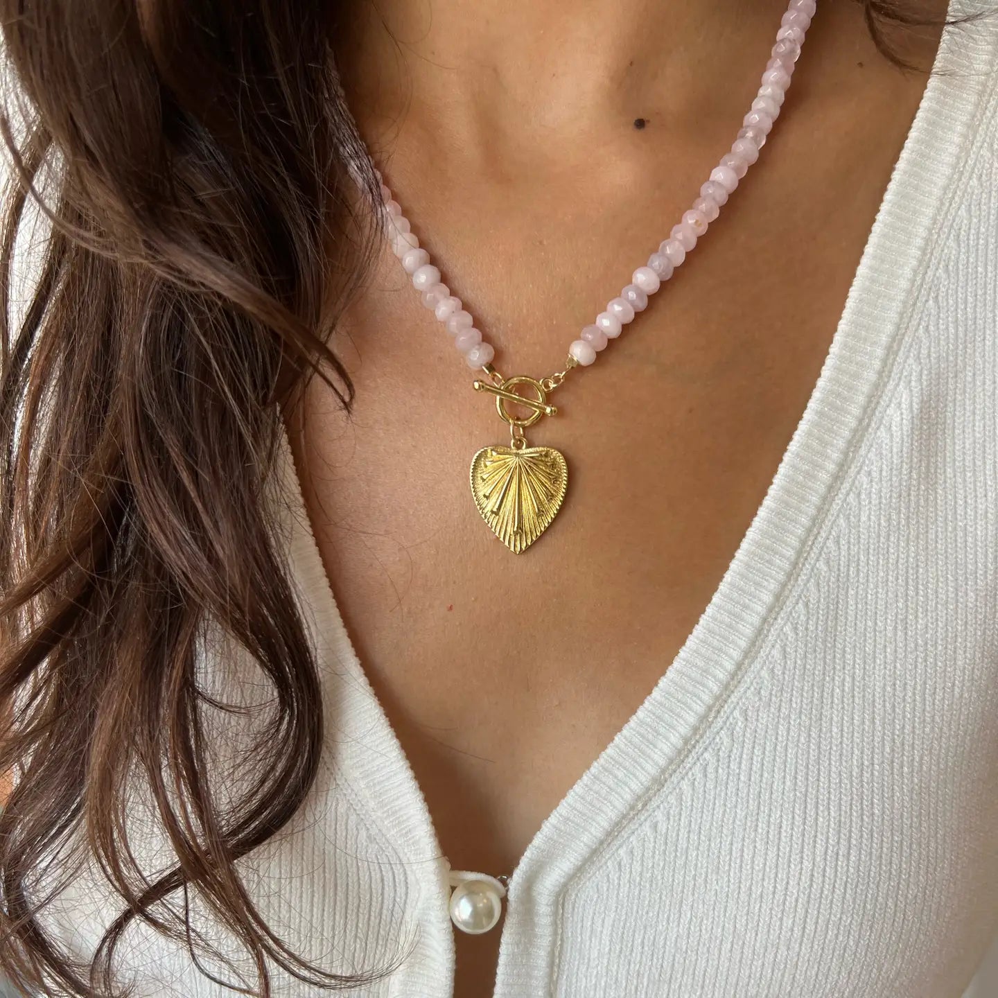 Rosalie Rose Quartz Heart Beaded Toggle Necklace Gold Filled