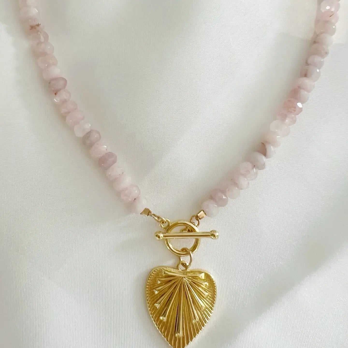 Rosalie Rose Quartz Heart Beaded Toggle Necklace Gold Filled